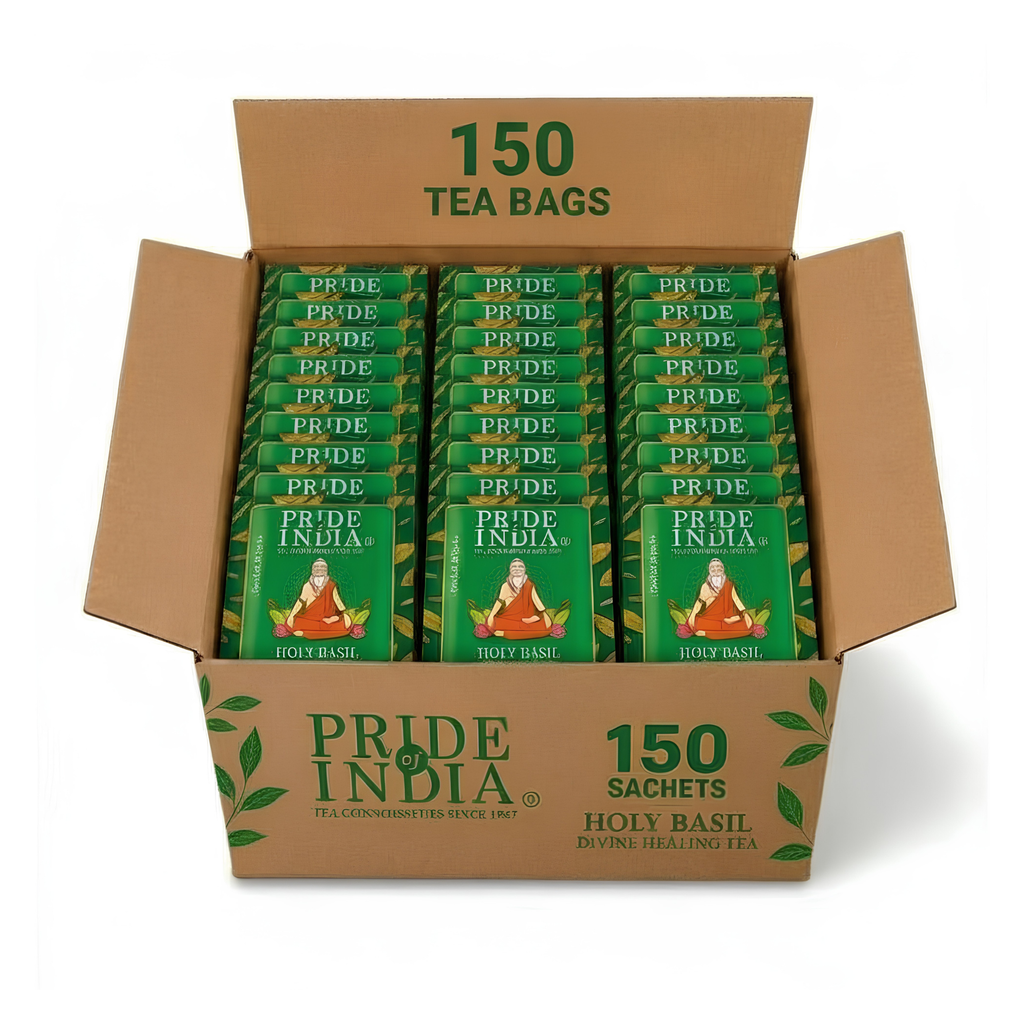 Pride of India Holy Basil Herbal Tea - 150 Individually Wrapped Full Leaf Pyramid Tea Bags | Tulsi Tea Bulk  Pack for Food Service, Cafes, Hotels, Offices & Daily Tea Drinkers