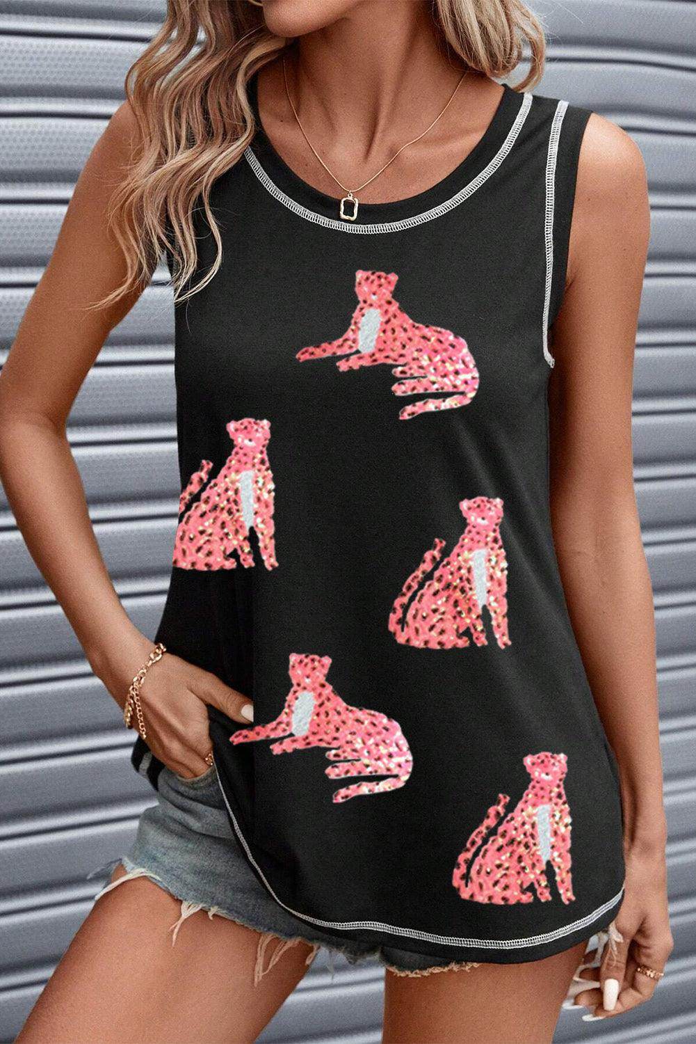 Leopard Round Neck Tank Top for Women with Stretch Fit
