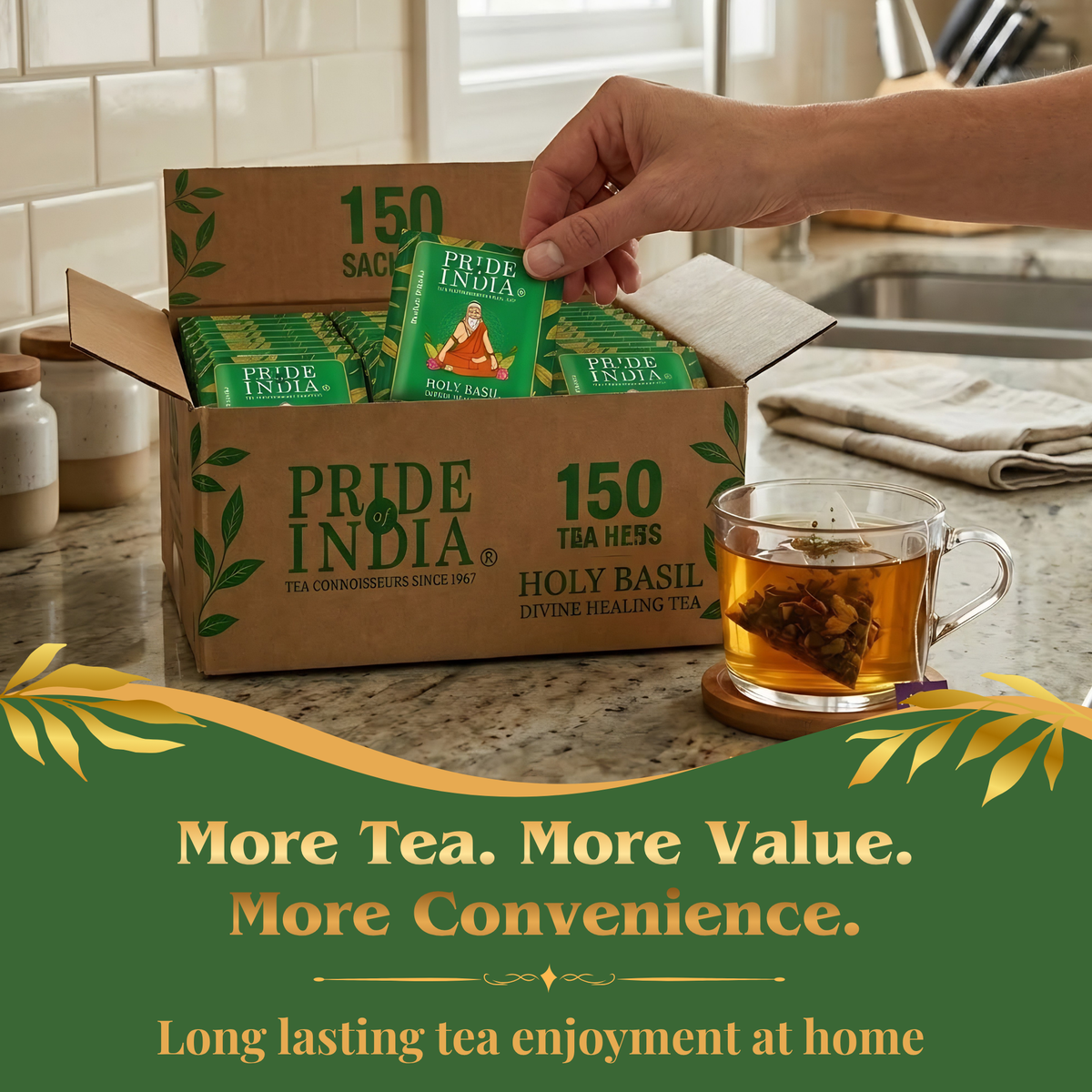 Pride of India Holy Basil Herbal Tea - 150 Individually Wrapped Full Leaf Pyramid Tea Bags | Tulsi Tea Bulk  Pack for Food Service, Cafes, Hotels, Offices & Daily Tea Drinkers