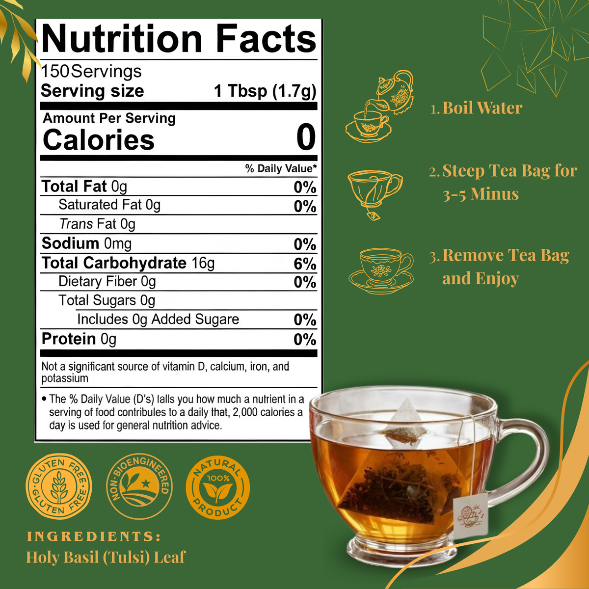 Pride of India Holy Basil Herbal Tea - 150 Individually Wrapped Full Leaf Pyramid Tea Bags | Tulsi Tea Bulk  Pack for Food Service, Cafes, Hotels, Offices & Daily Tea Drinkers