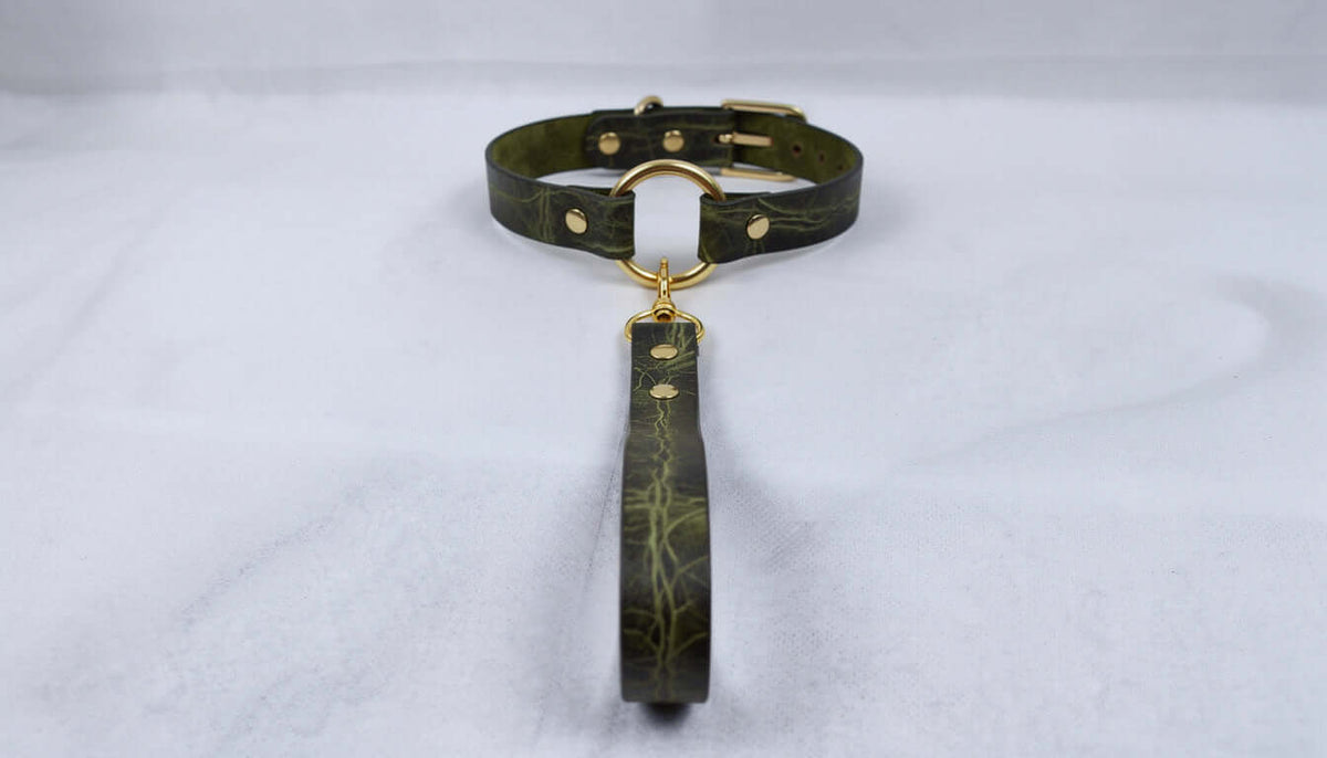 Red Leather BDSM Collar with Leash | Gold O Ring Choker | Luxury Day Collar