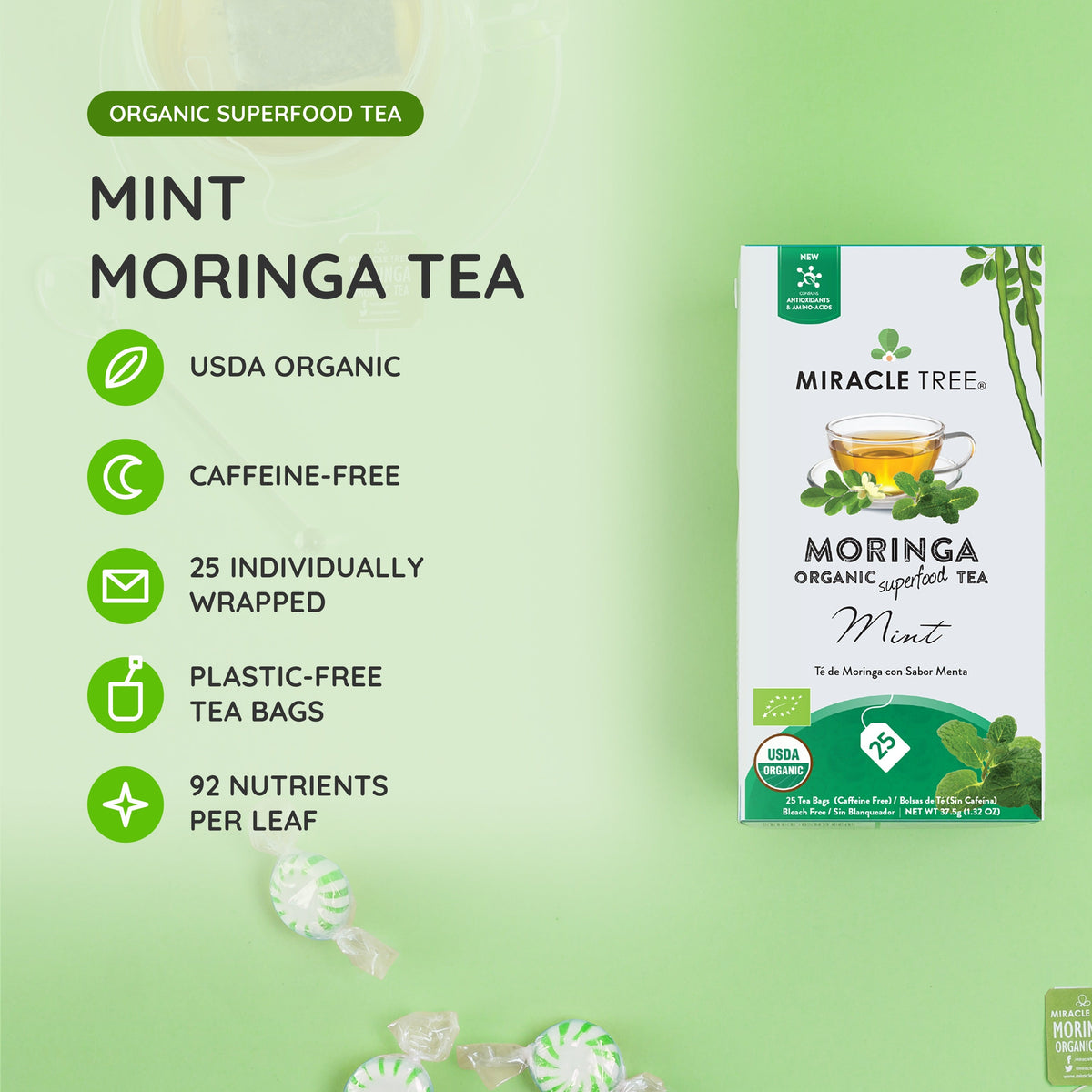 Organic Moringa Tea - Mint - Caffeine-Free Herbal Tea