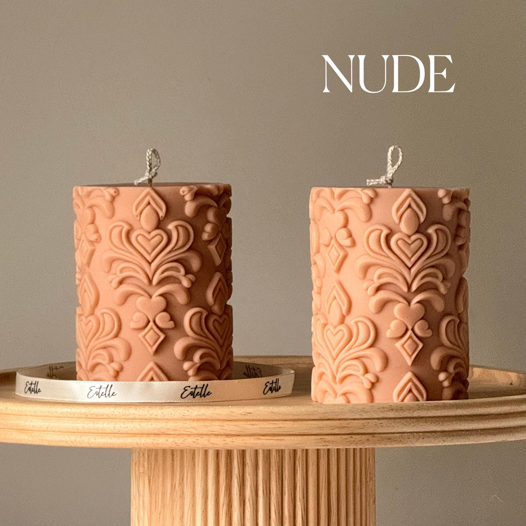 Floral Ornamental Damask Soy Pillar Candle: Sculptural Home Decor, Elegant Gift