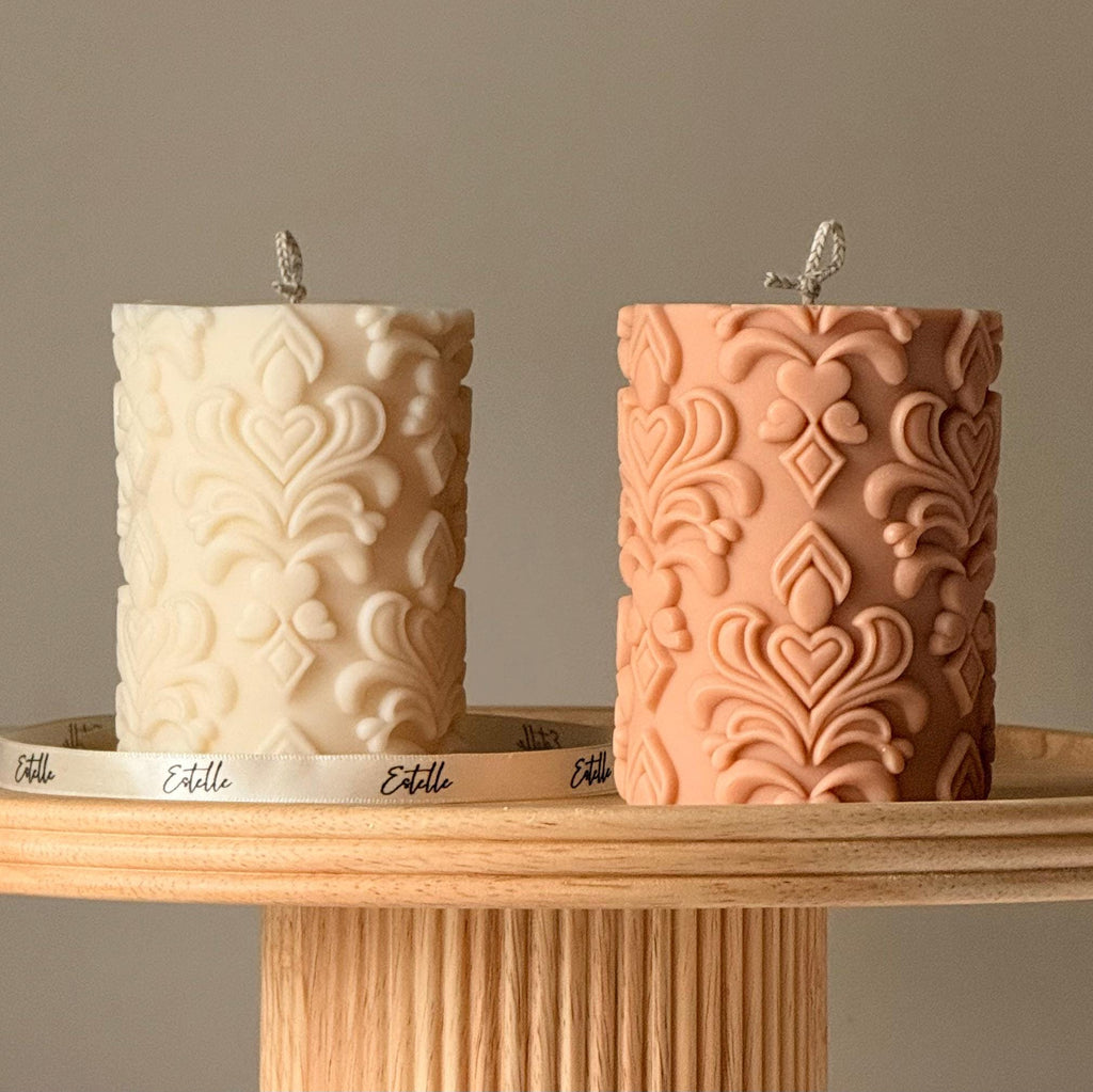 Floral Ornamental Damask Soy Pillar Candle: Sculptural Home Decor, Elegant Gift